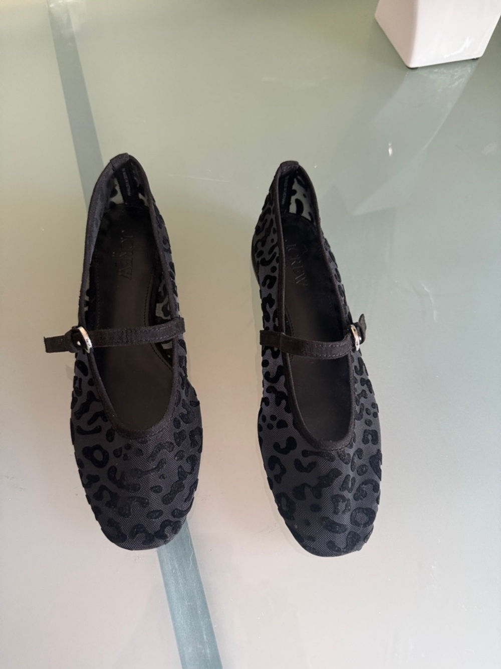 J. Crew Black Sheer Leopard Print Mary Jane Flats Size 7 Mesh Ballet Flats - Picture 2 of 8